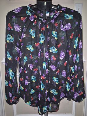 ELLE Floral‎ Sheer Mock Neck Keyhole Blouse - Black Purple Blue - Size M